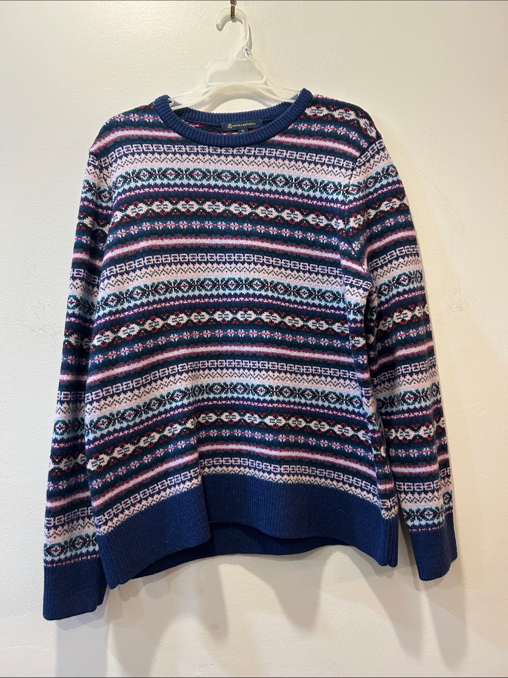Brooks Brothers Navy Fair Isle Crewneck Sweater with Pink & Teal Accents